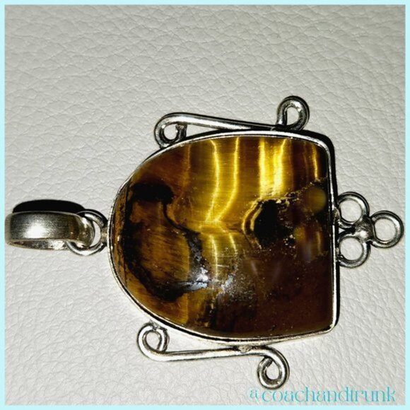 925 Hallmark Natural Tigers Eye Set in Silver Handcrafted Scrollwork Necklace - Picture 2 of 5